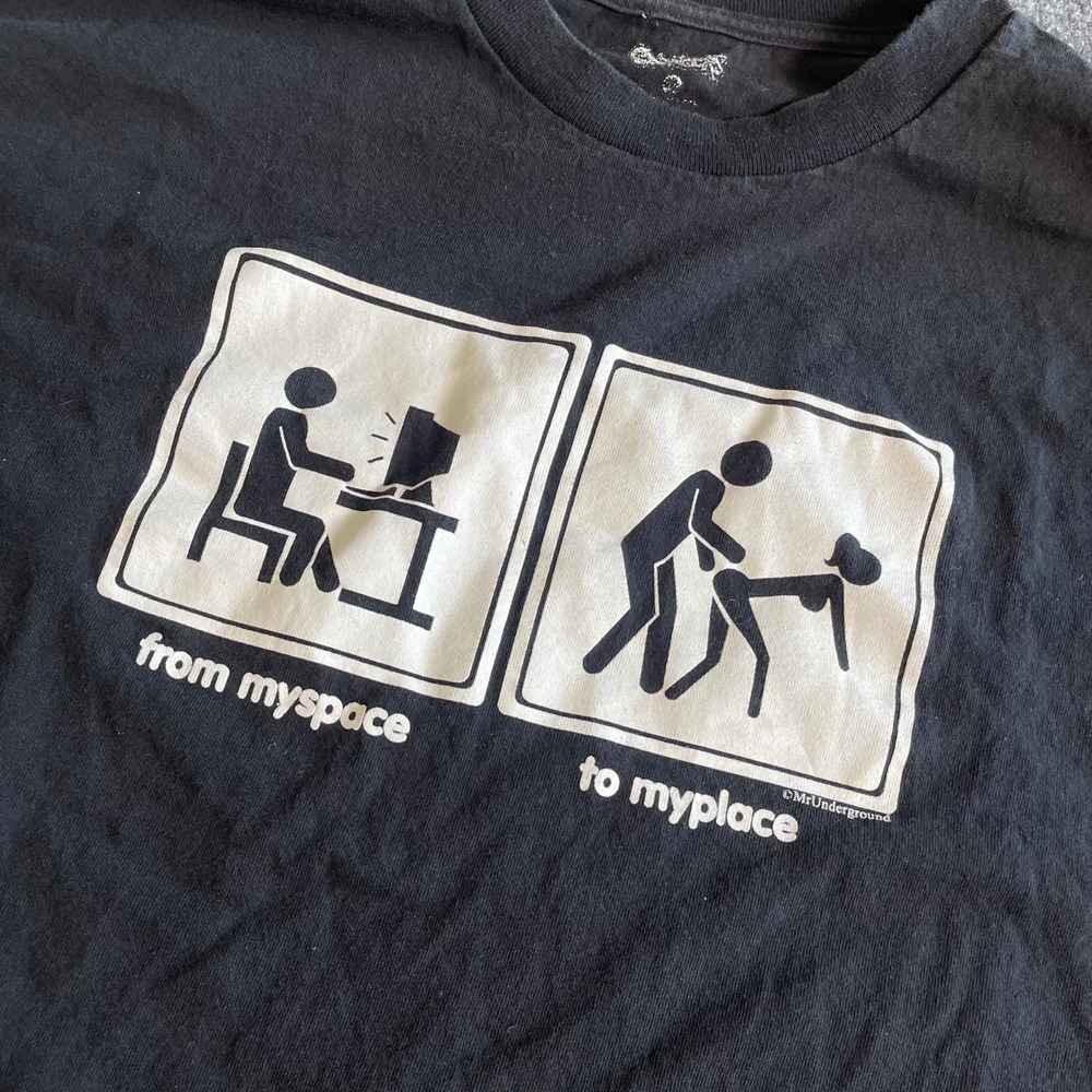 Vintage MrUnderground From MySpace To MyPlace Graphic TShirt Mens XL Black Humor - Picture 2 of 7